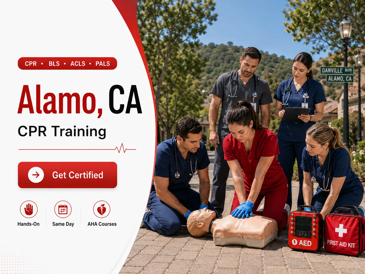 CPR mannequin drill at BLS certification training in Alamo, CA