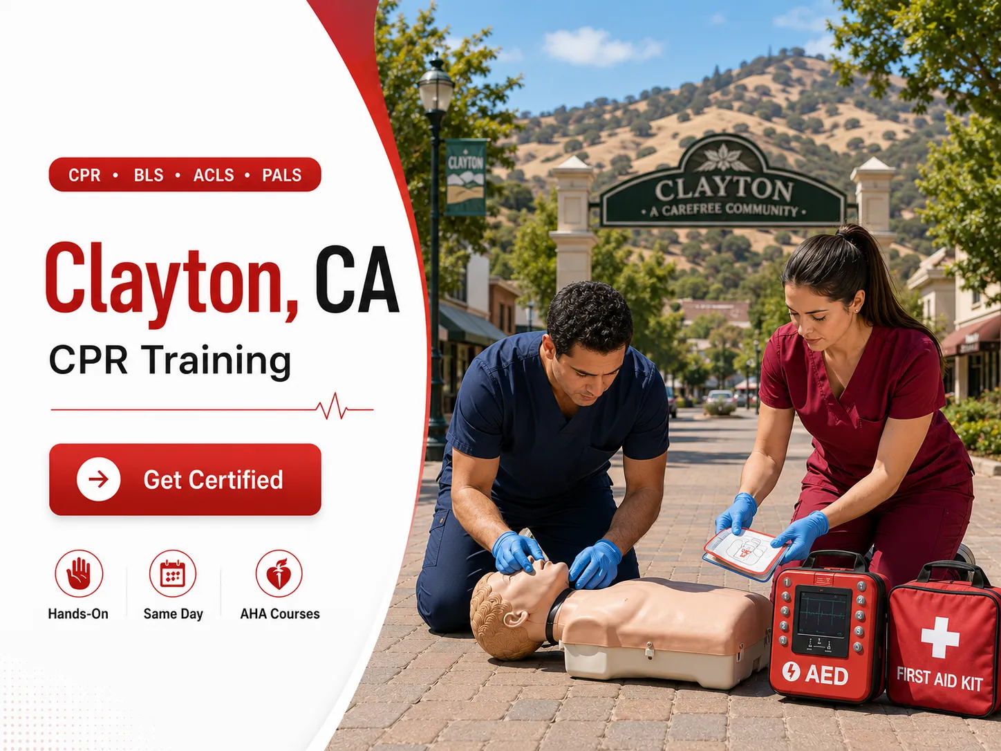 Hands-on AED and CPR training course in Clayton, CA