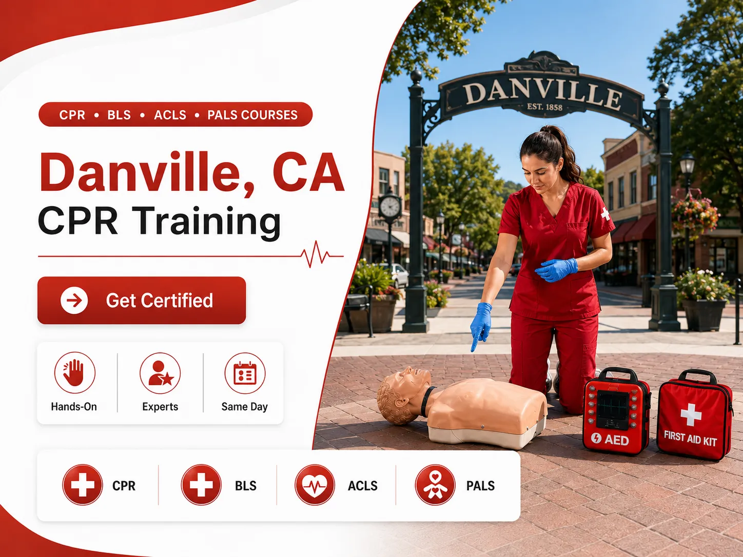 Hands-on AED and CPR training course in Danville, CA